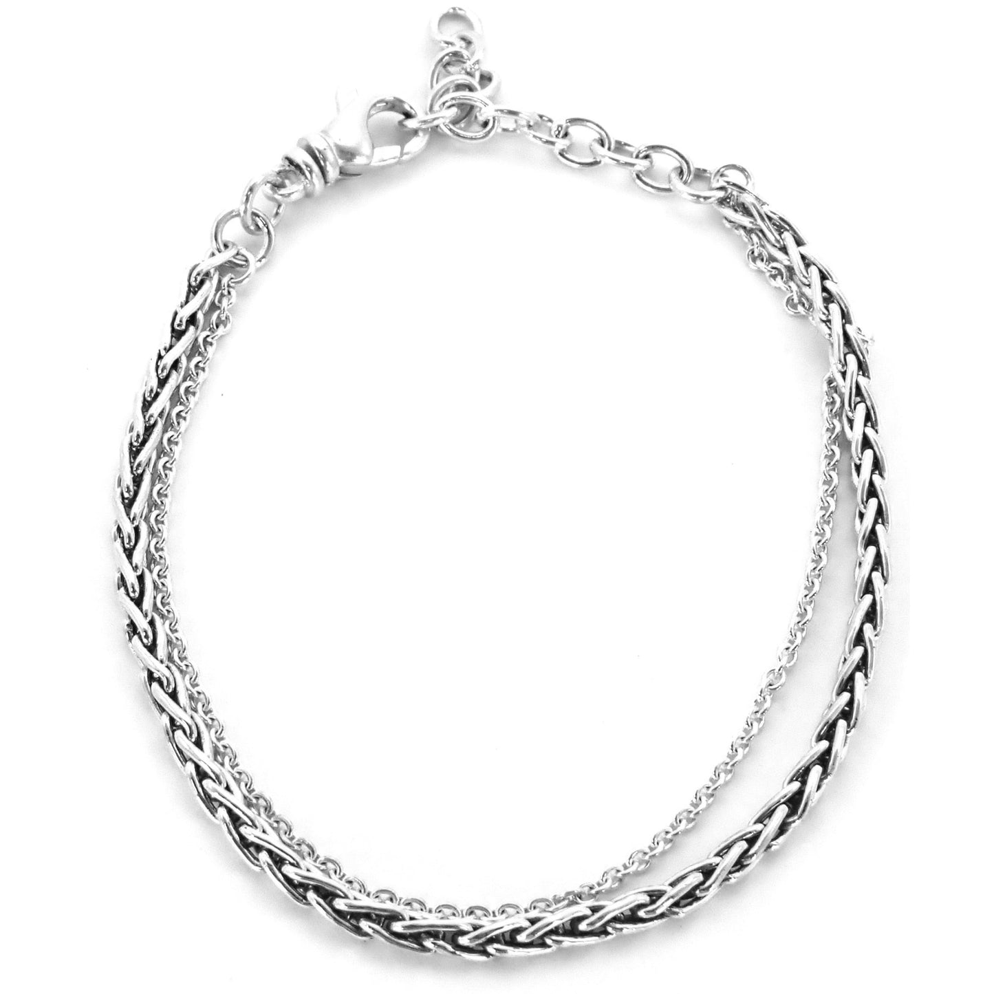 Silver chain bracelet with one wheat chain and one thin machine chain, and a lobster clasp.