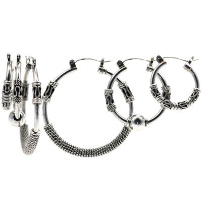E001SET RAYA .925 Sterling Silver Set of Three Pairs Classic Bali Earrings