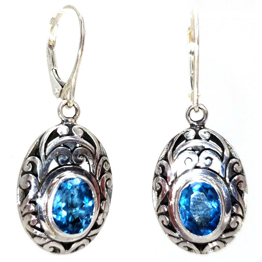 E711BT MODA .925 Sterling Silver Bali Earrings with Swiss Blue Topaz