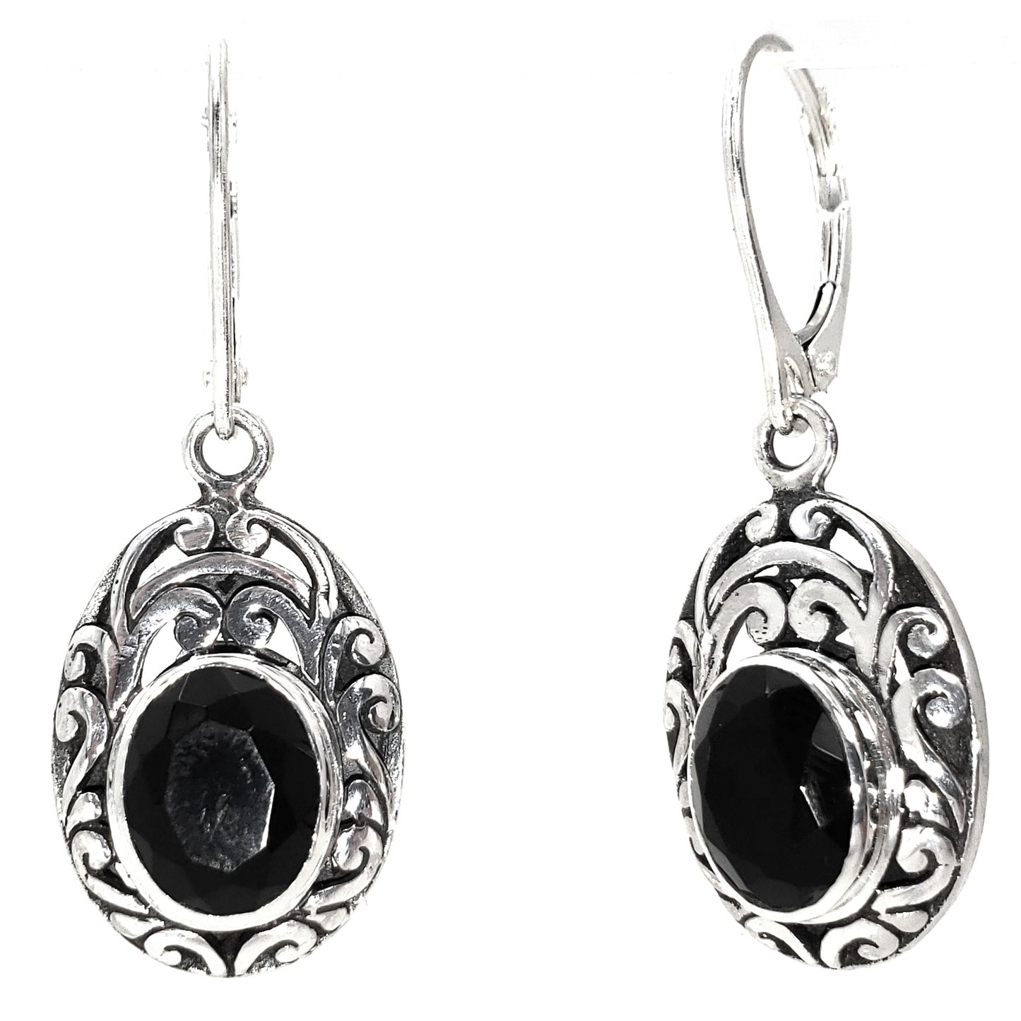 E711BOF MODA .925 Sterling Silver Carved Bali Earrings with Onyx