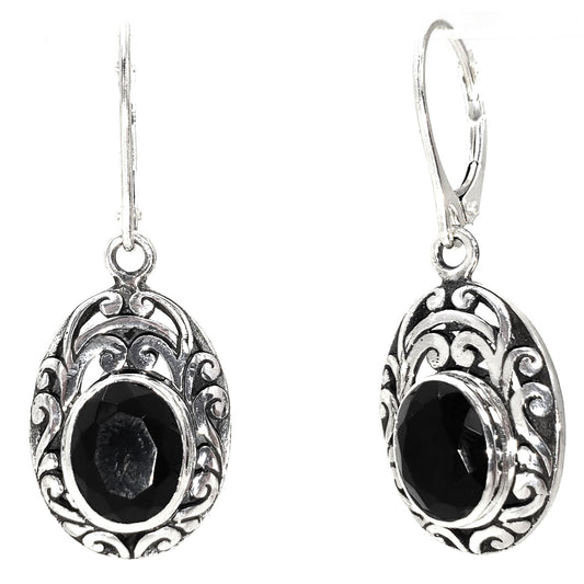 Sterling silver and faceted onyx earrings.