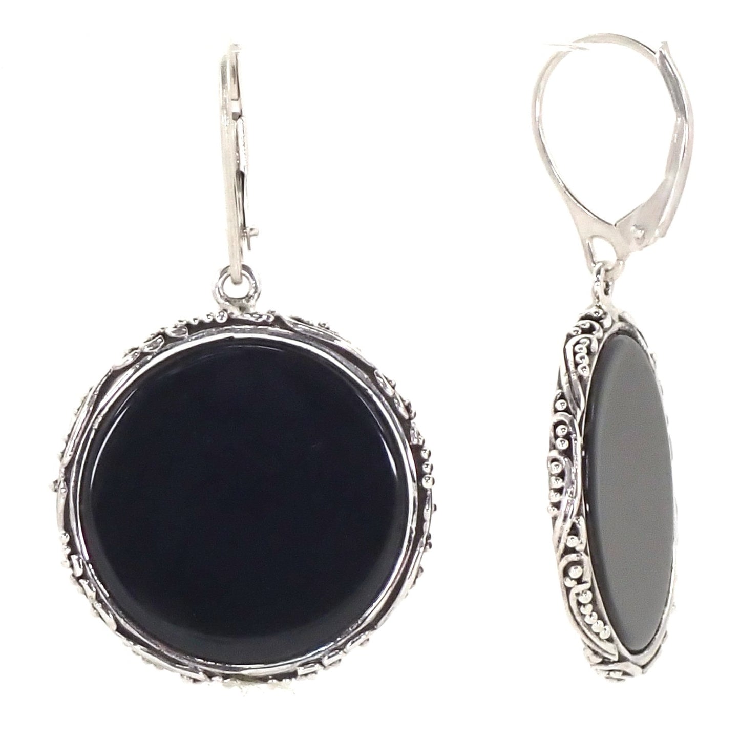Silver filigree and bead earrings with round onyx discs.