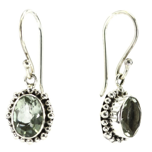 Silver earrings with oval green amethyst gemstones.