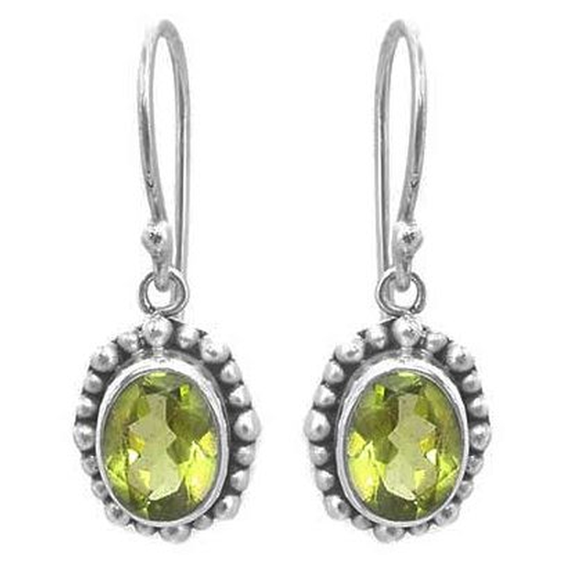 Silver earrings with oval peridot gemstones.
