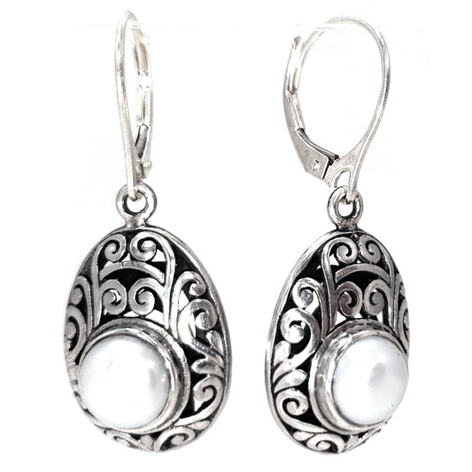 E711PL MODA .925 Sterling Silver Carved Bali Earrings with Pearls