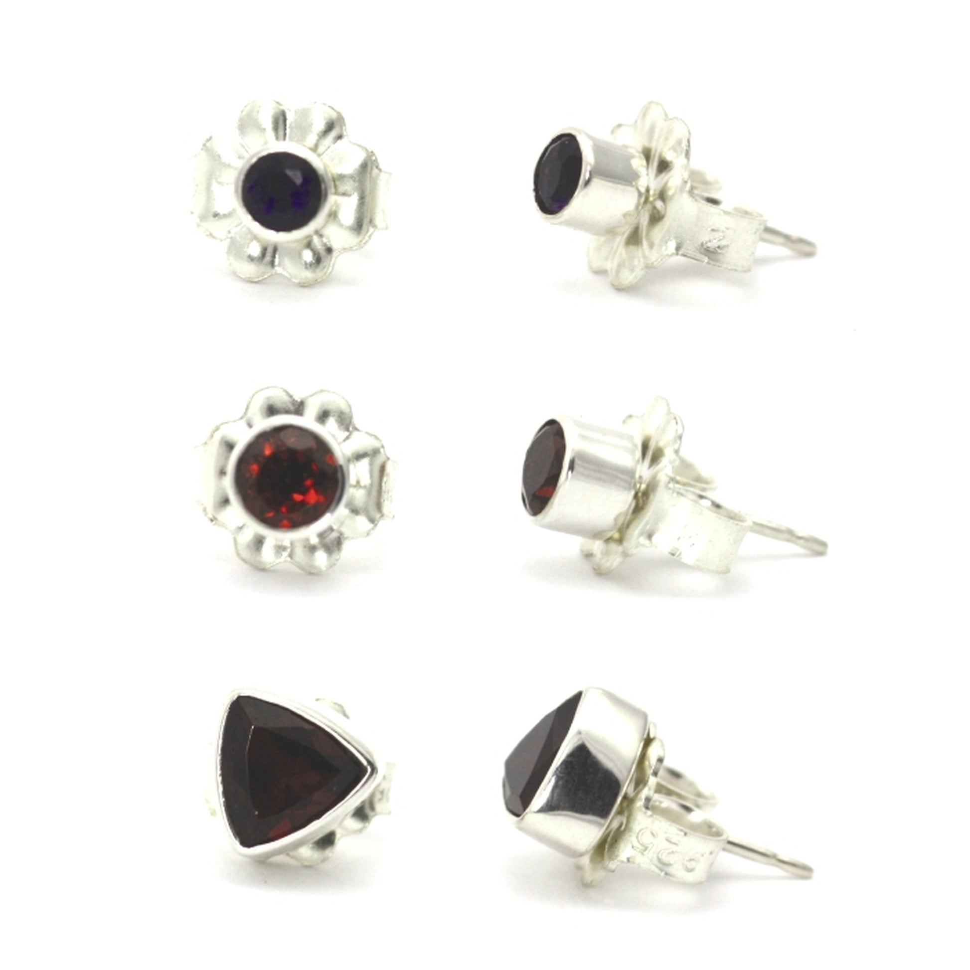 Three silver post earring sets with amethyst and garnet gemstones.