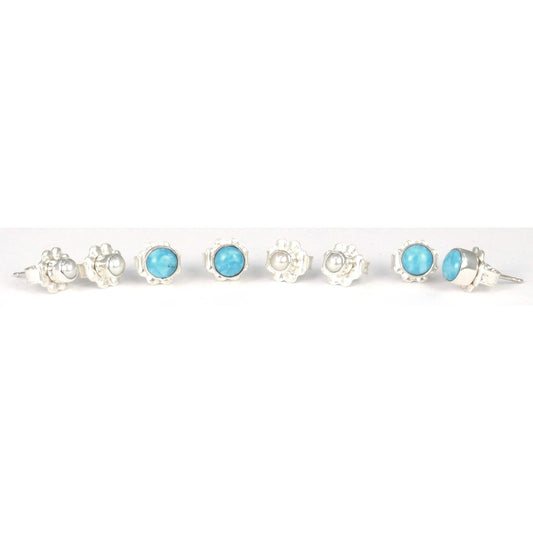 Set of four post earrings with pearls and turquoise.