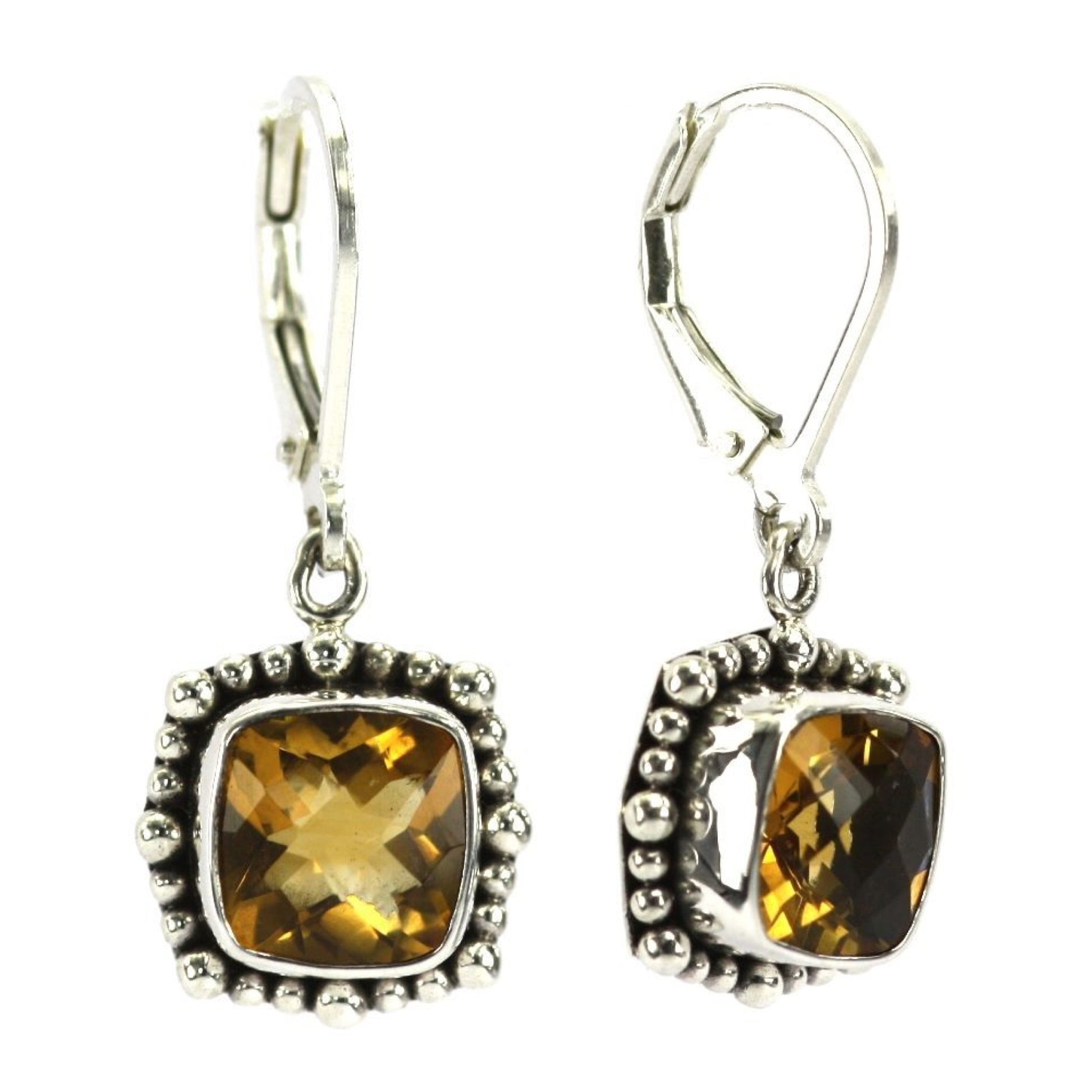 Silver earrings with square citrine gemstones.