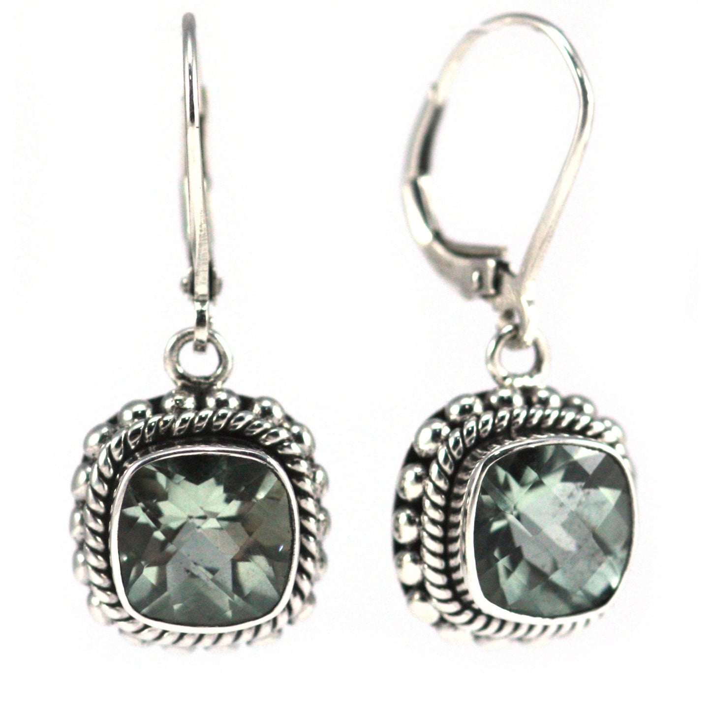 Silver earrings with green amethyst square gemstones.