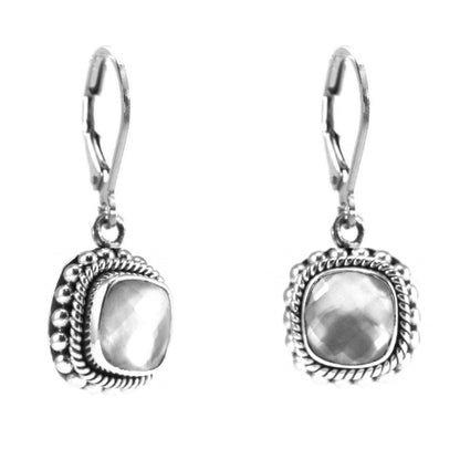 Silver earrings with square mother of pearl doublet gemstones.