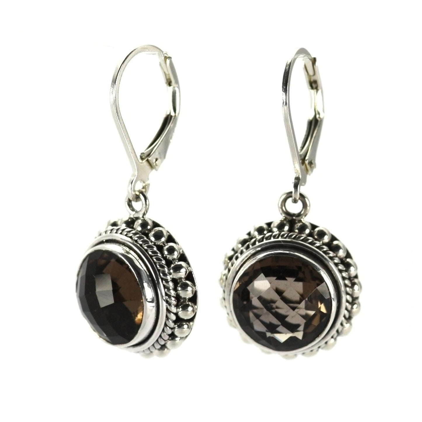Silver earrings with round faceted smoky quartz gemstones.