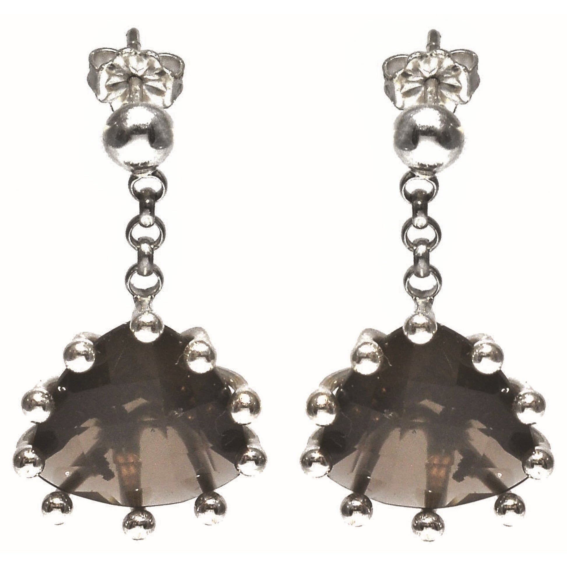 Silver earrings with triangle-shape smoky topaz stones.