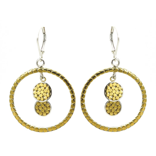 Stering silver and gold ring and disc drop earrings.