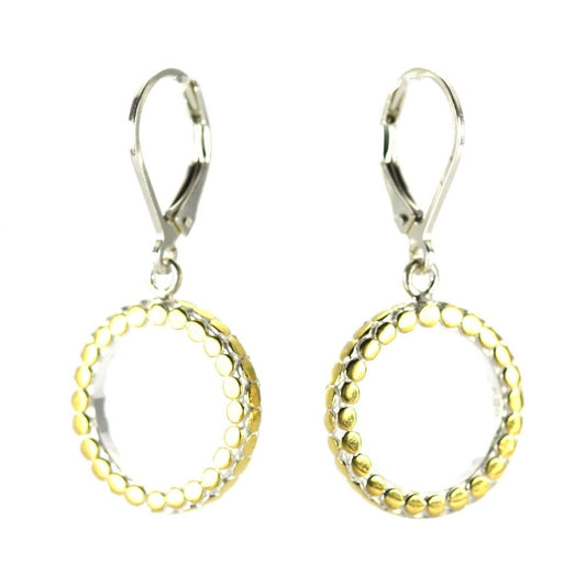 Sterling silver and gold round ring dangle earrings.