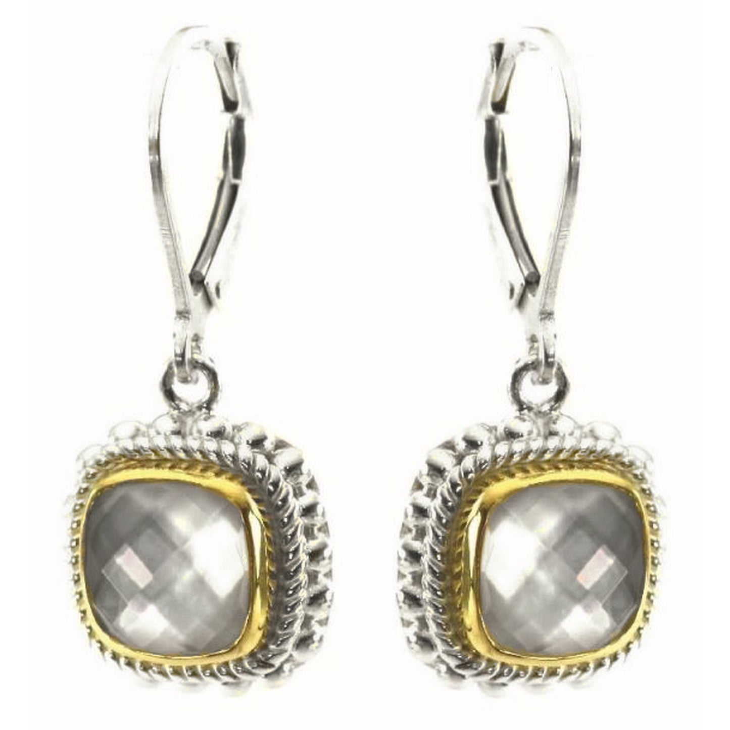 Silver and gold earrings with square mother of pearl doublet gemstones.
