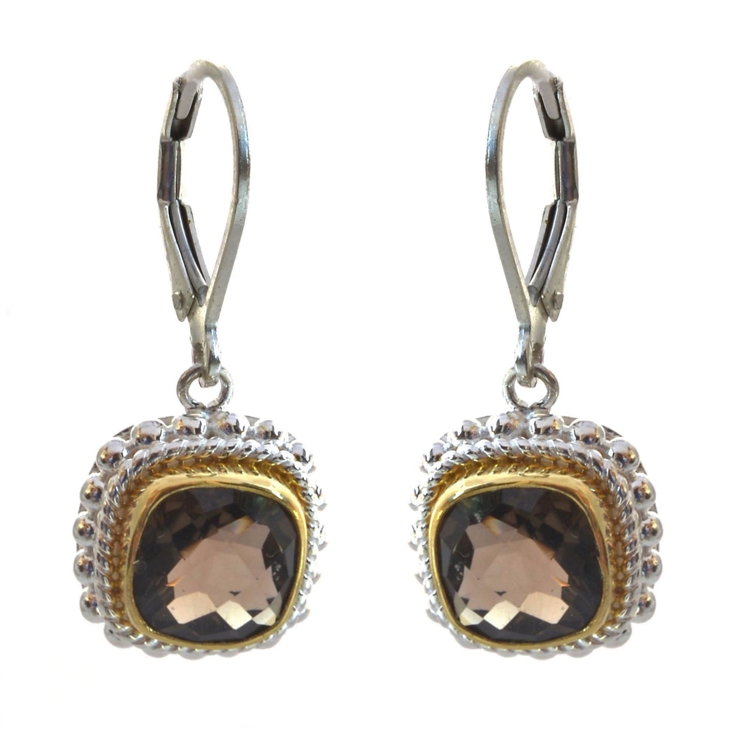 Silver and gold earrings with smoky topaz stones.