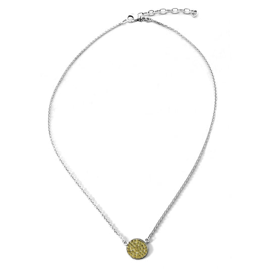 Sterling silver and gold necklace with lightweight chain and dotted disc.
