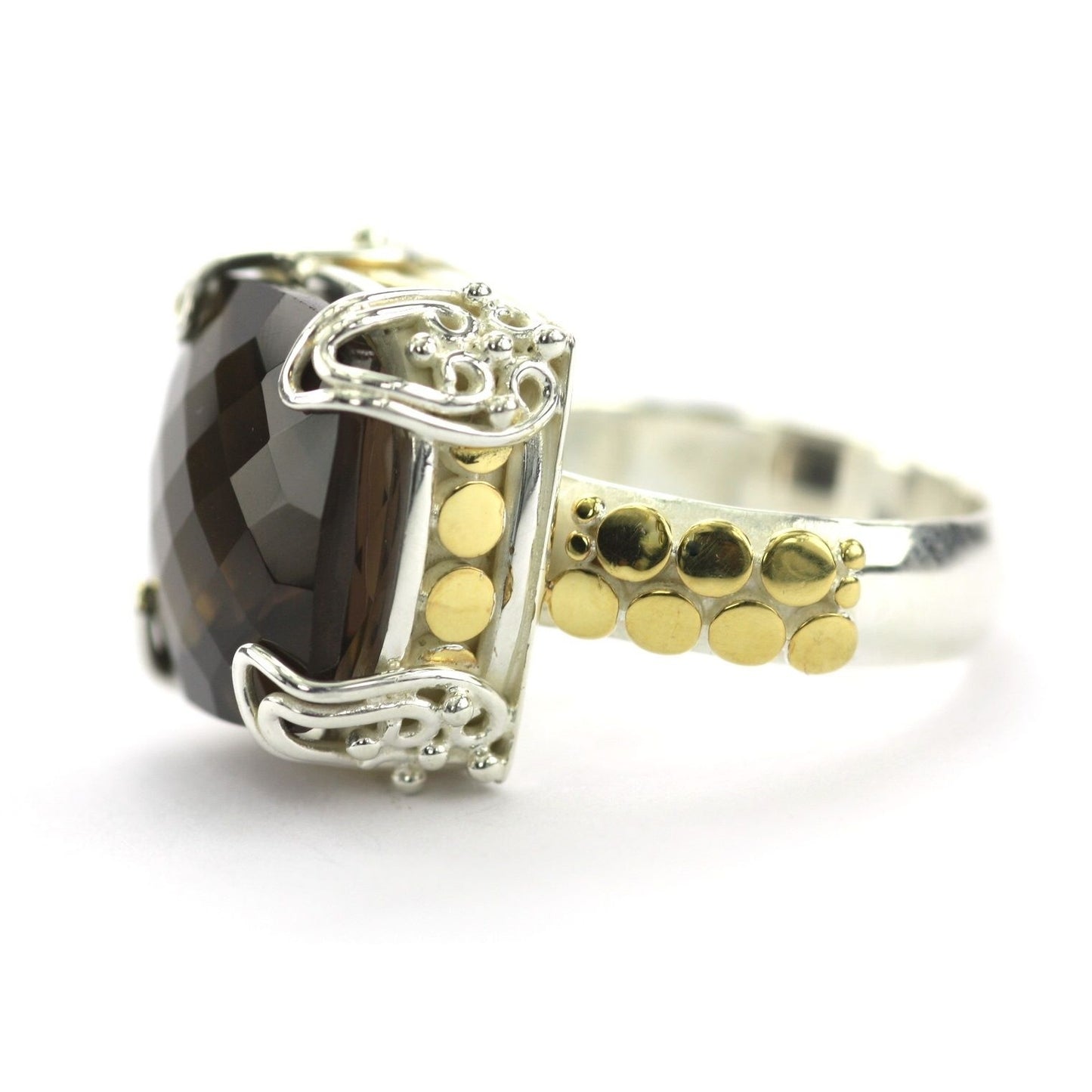 Silver and gold ring with smoky topaz gemstone.