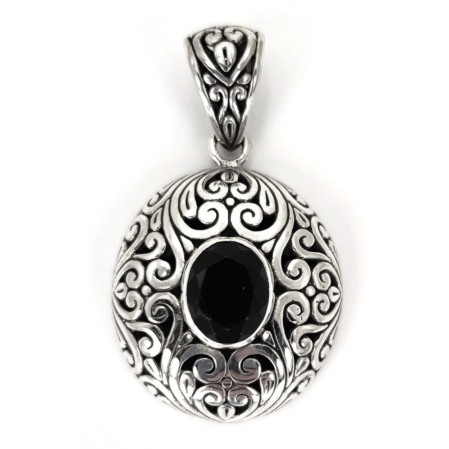 P711BOF MODA .925 Sterling Silver Carved Bali Pendant with Faceted Black Onyx