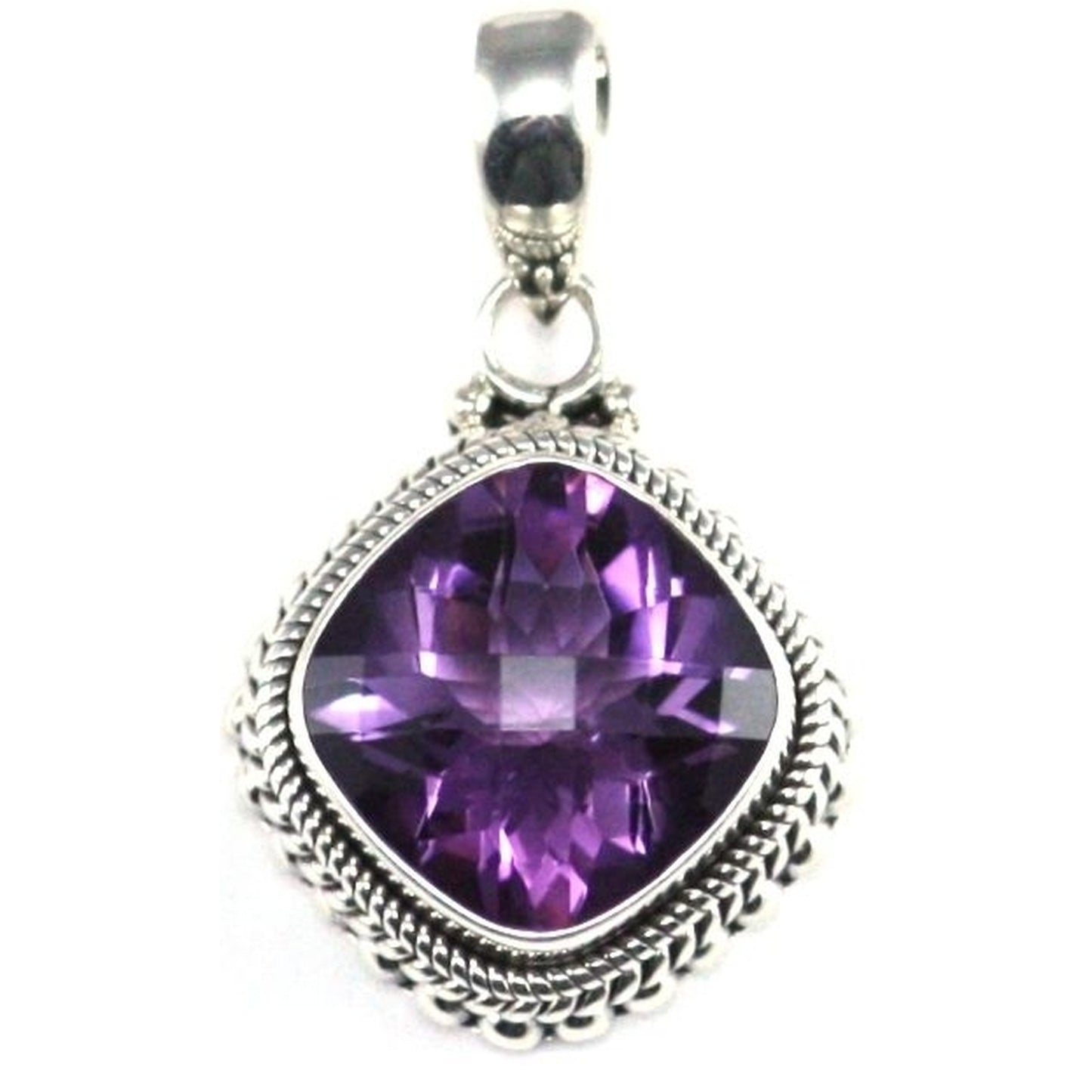 Silver pendant with large square amethyst gemstone.