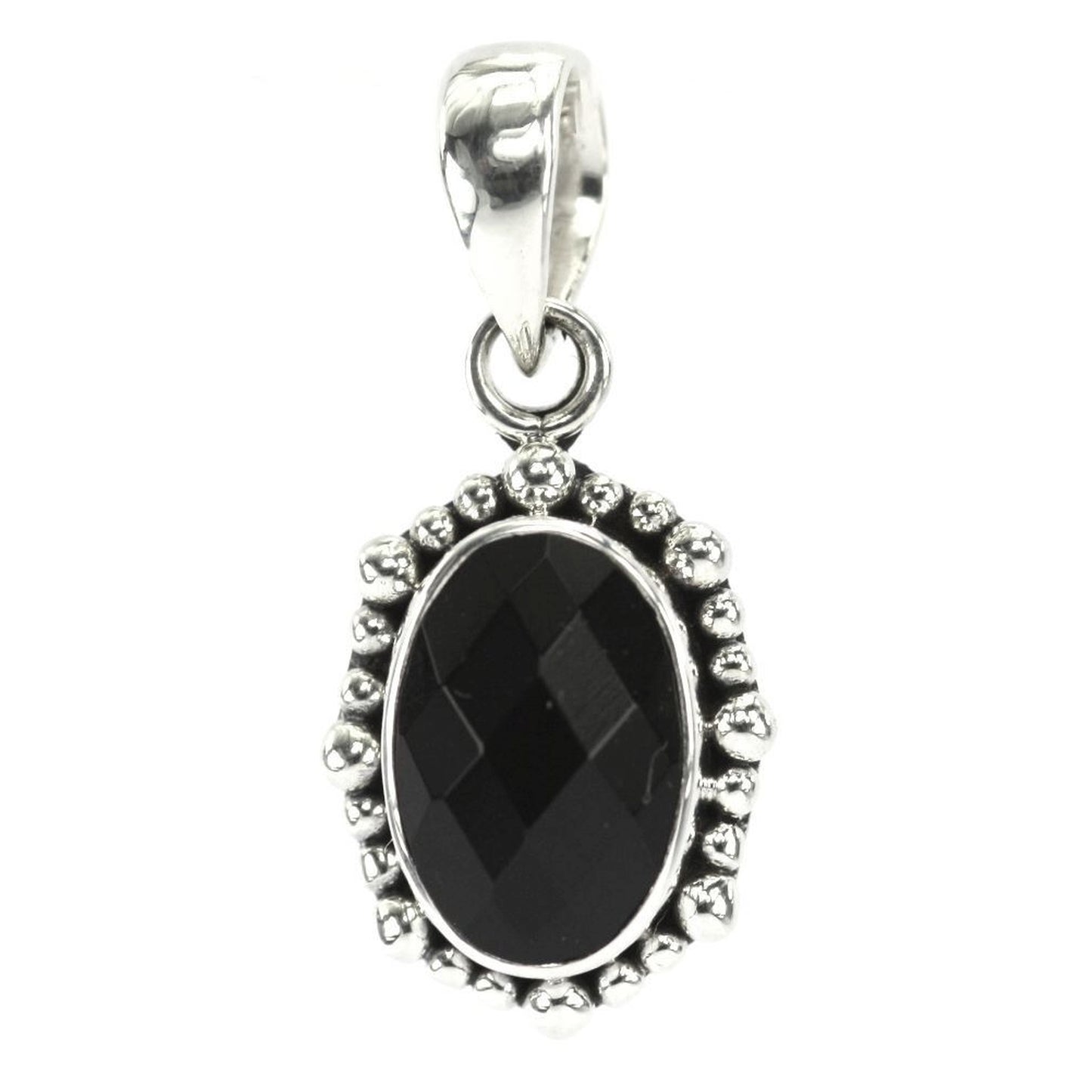 P004BOF PADMA .925 Sterling Silver Bali Oval Faceted Black Onyx Beaded Pendant.