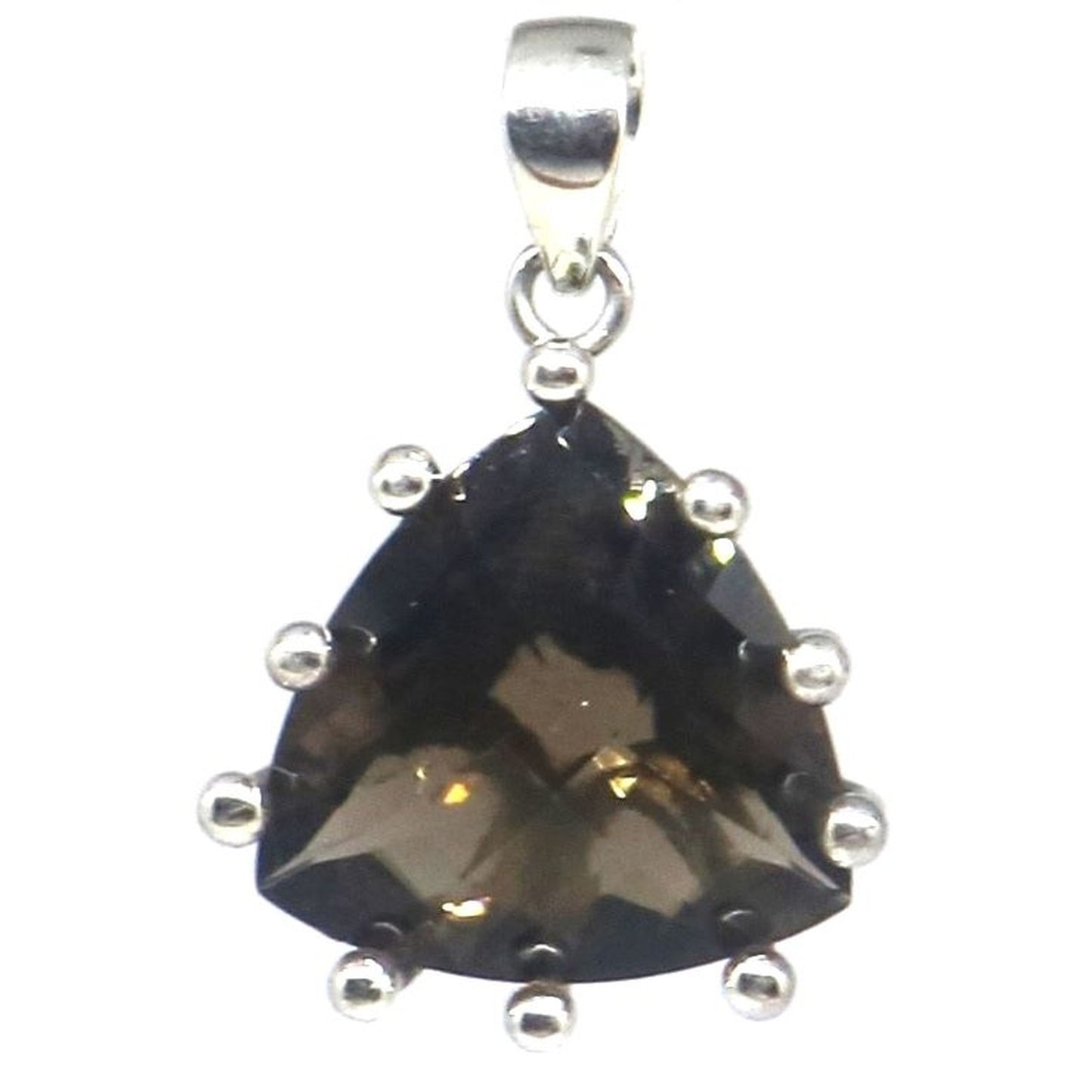 Silver pendant with triangle-shape gemstone.