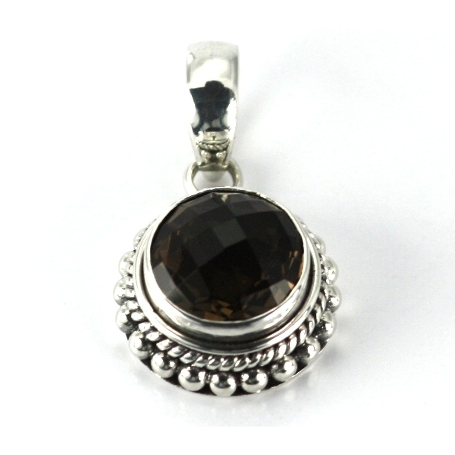 Silver pendant with round smoky topaz gemstone.