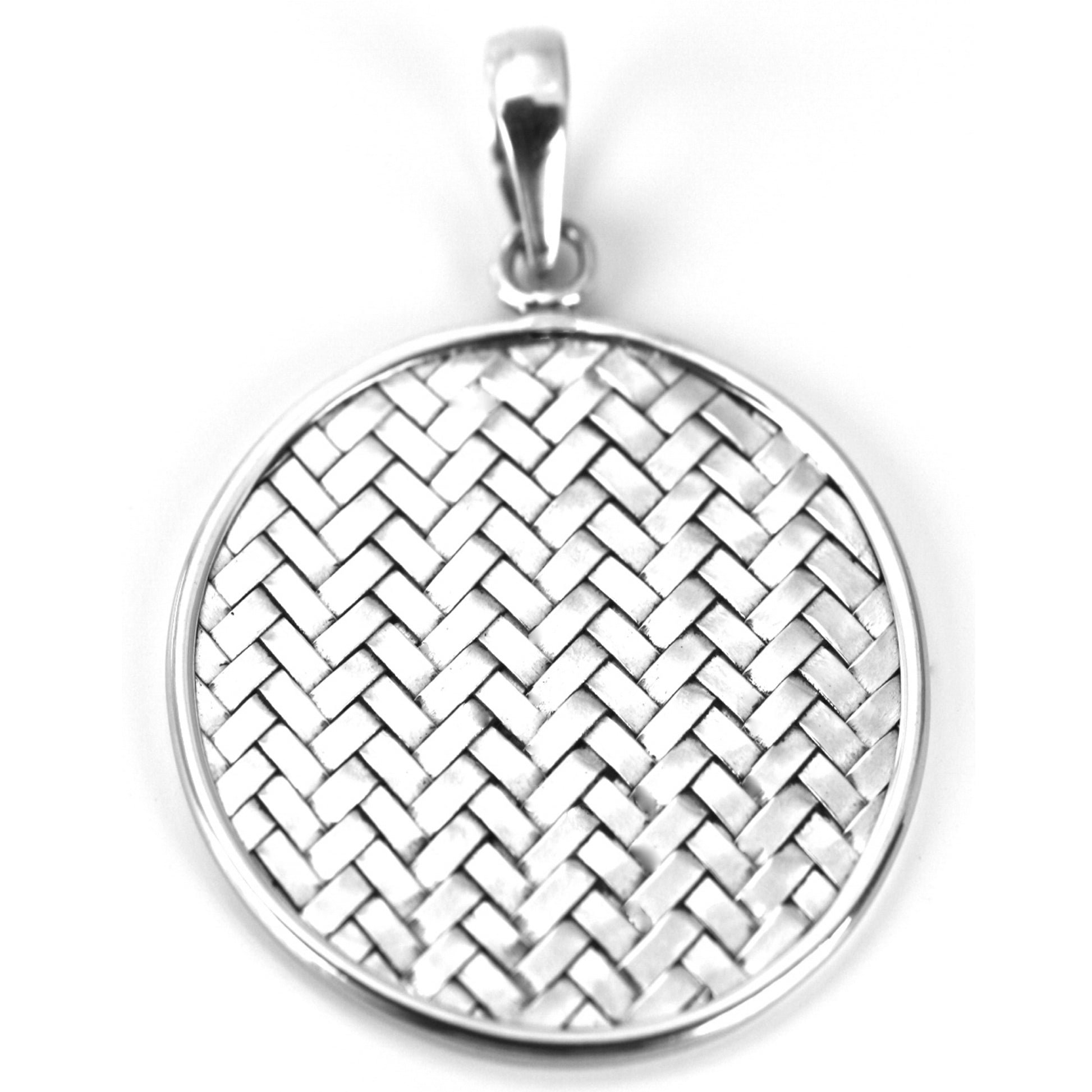 Sterling silver woven disc pendant.