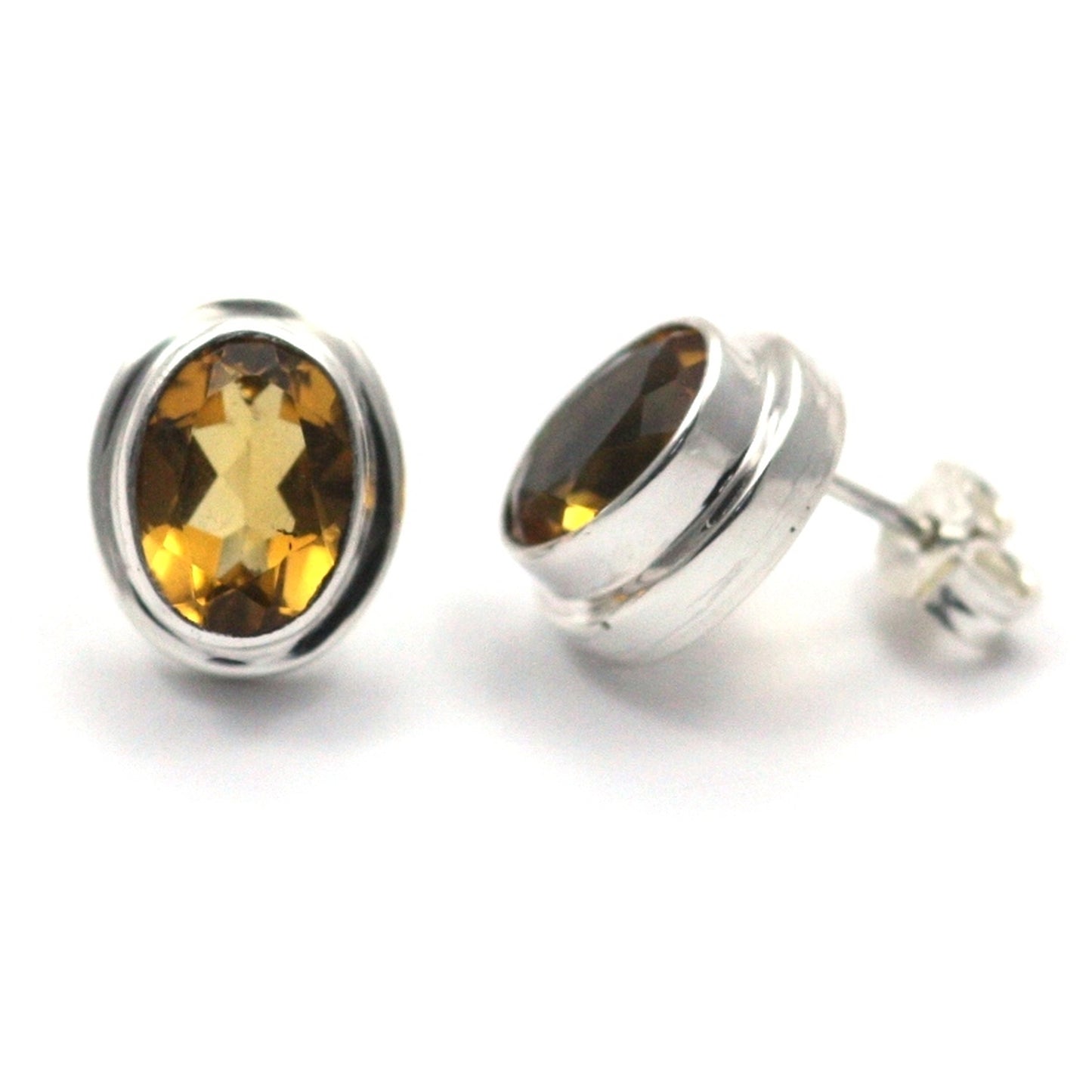 High polish plain setting sterling silver oval post earrings with citrine.