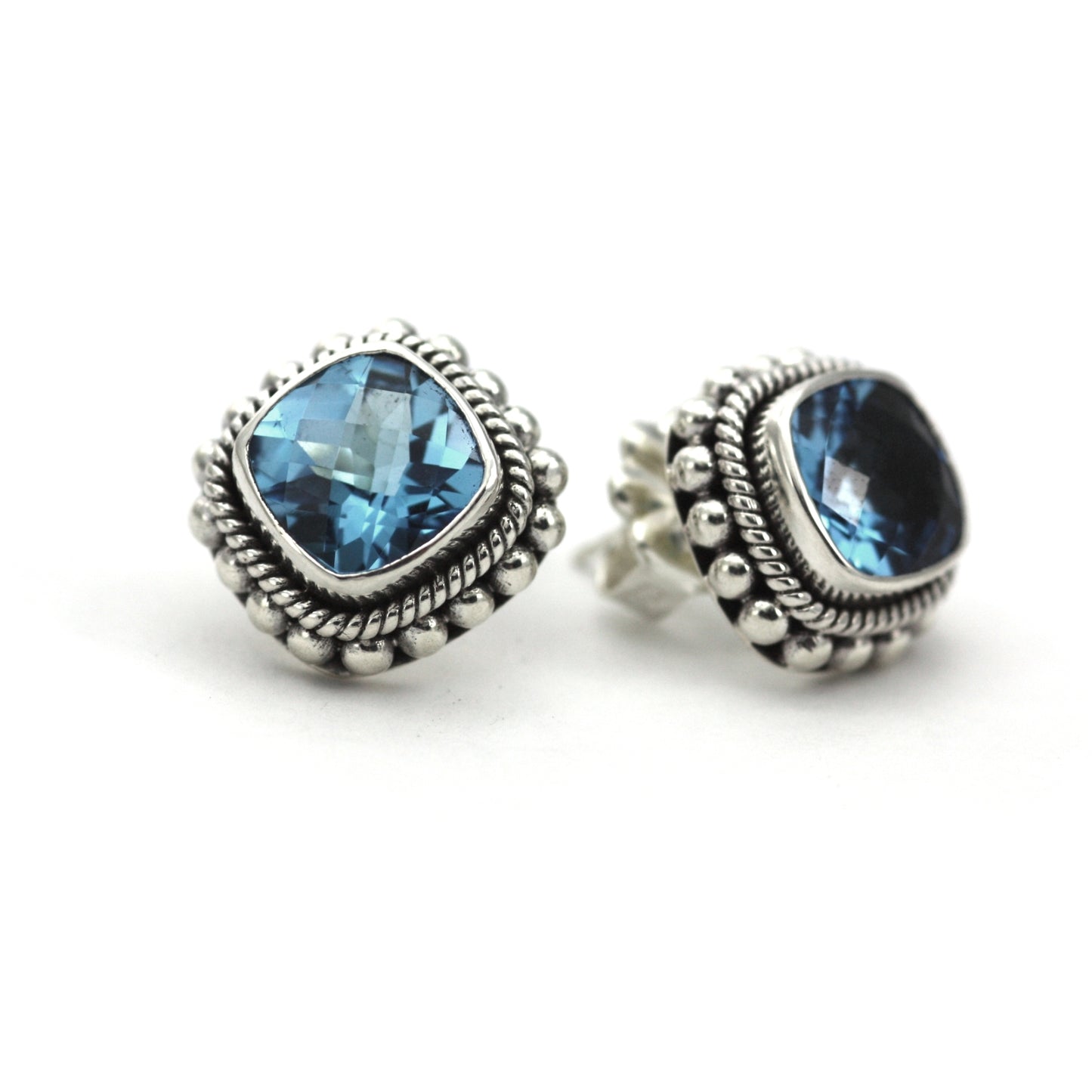 E200BT PADMA .925 Sterling Silver Post Bali Earrings with Genuine 8x8mm Swiss Blue Topaz Gemstones