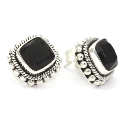 E200BOF PADMA Faceted Black Onyx Post Earrings With Hand Beaded Rope Trim