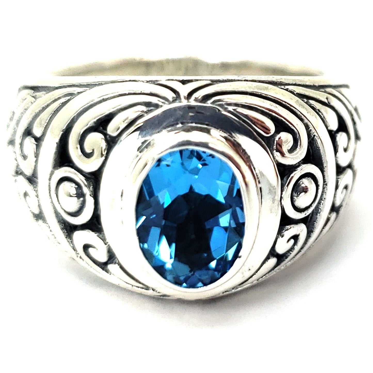 R711BT MODA Carved Ring with Swiss Blue Topaz