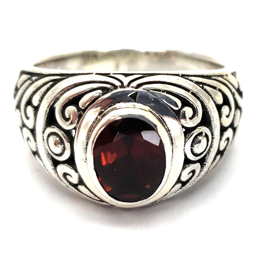 R711FG MODA Carved Bali Ring with Garnet