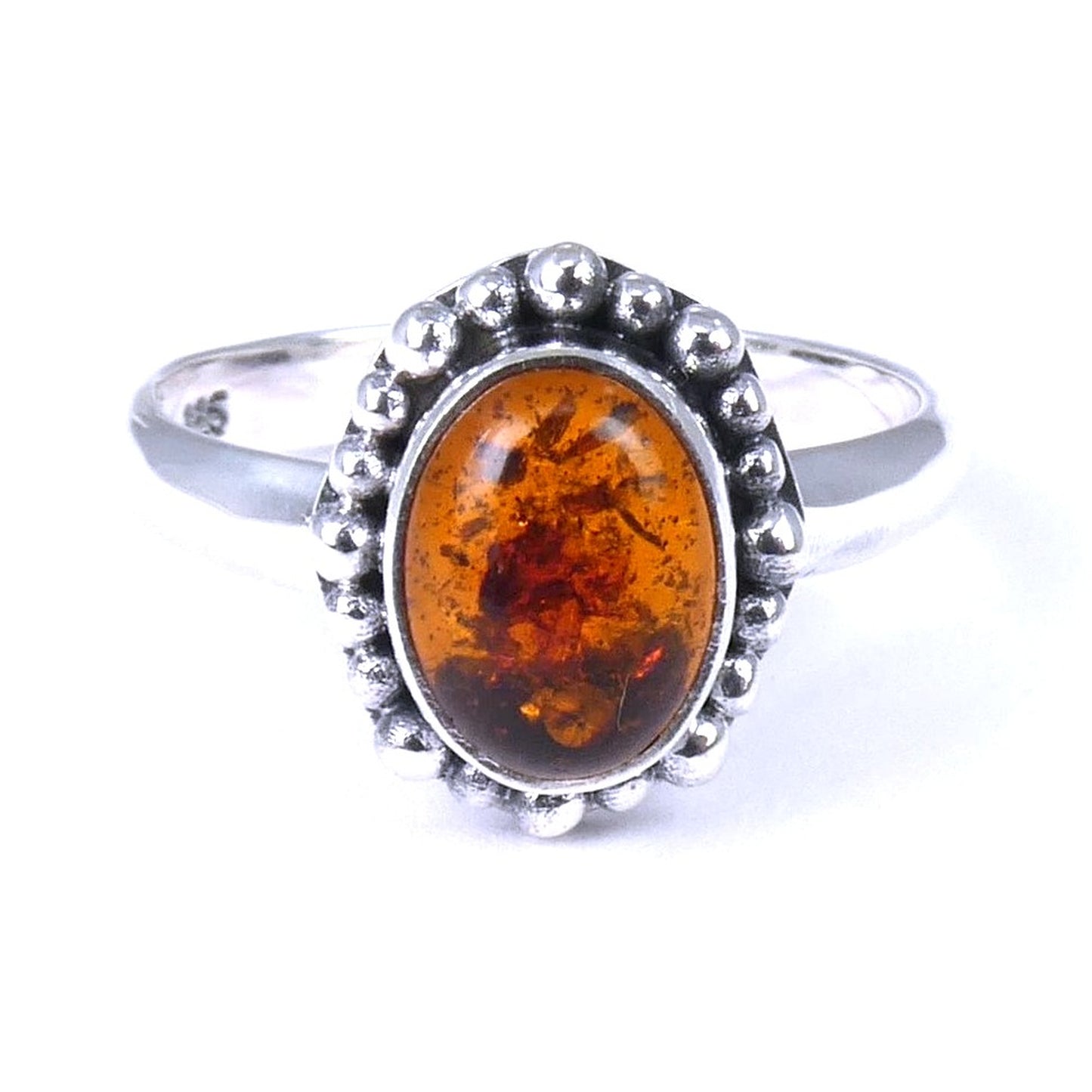 R004AB PADMA Ring with Beaded Setting and a 6x8mm Amber Stone