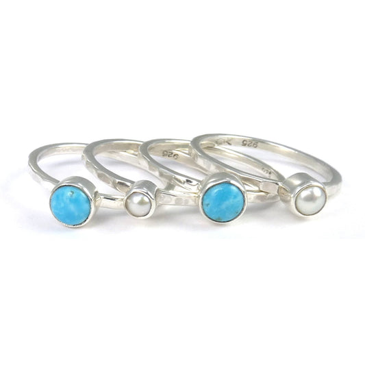 R066SET PADMA .925 Sterling Silver Stack Ring Set With Pearls and Turquoise