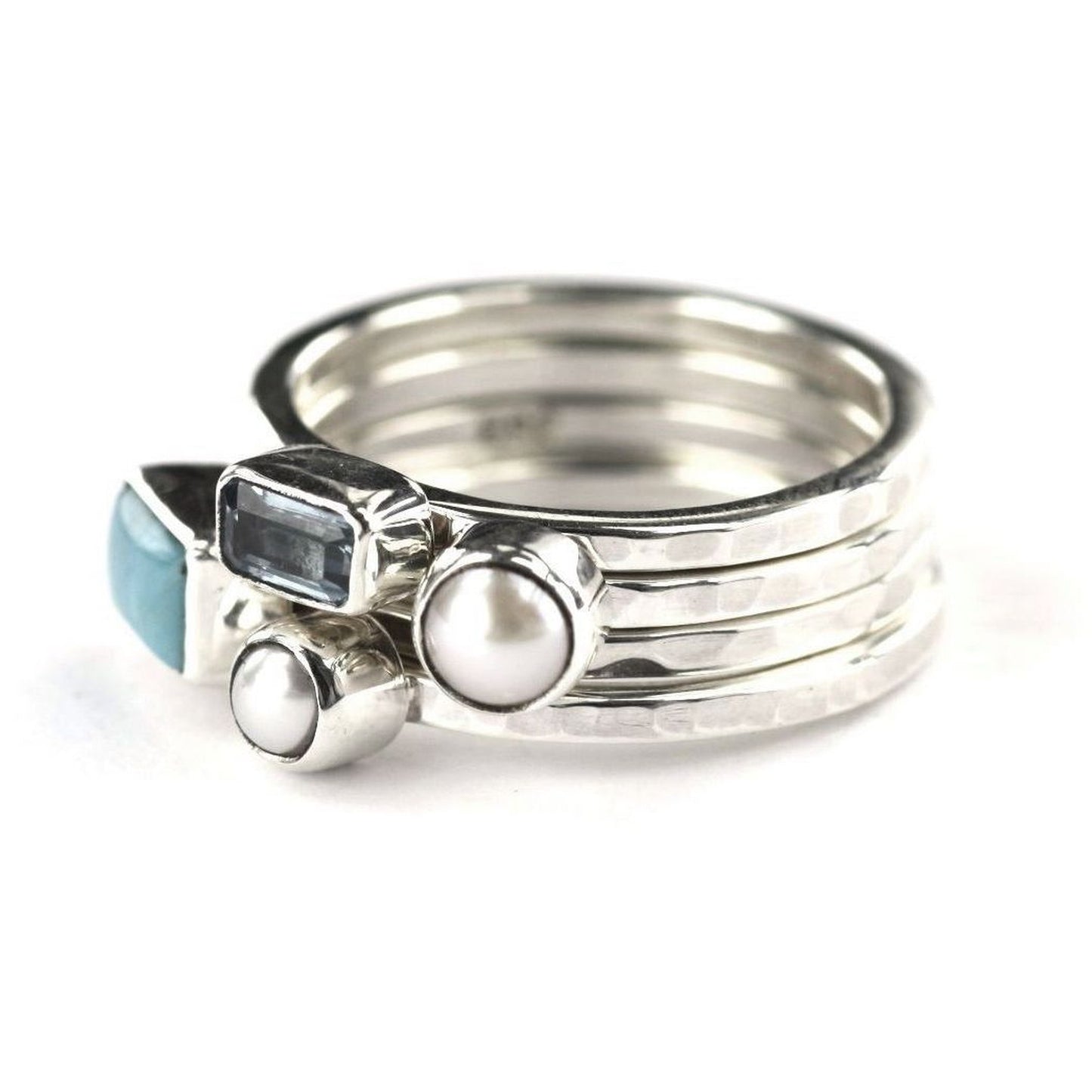 R025AS PADMA .925 Sterling Silver Stack Ring Set With Turquoise, Pearls and Sky Blue Topaz