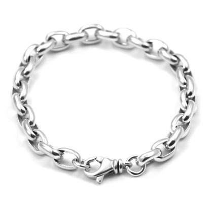 Silver rolo-style shiny link chain bracelet with a lobster clasp.