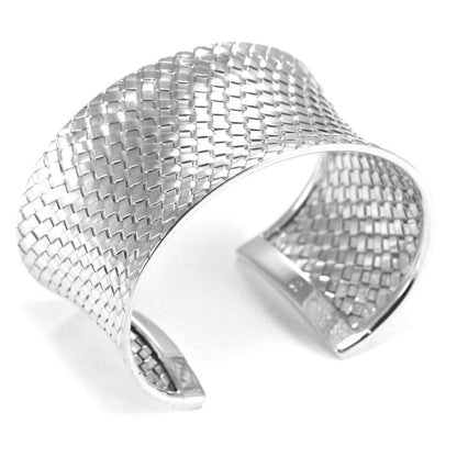 Wide and convex curved basket woven silver cuff bracelet.