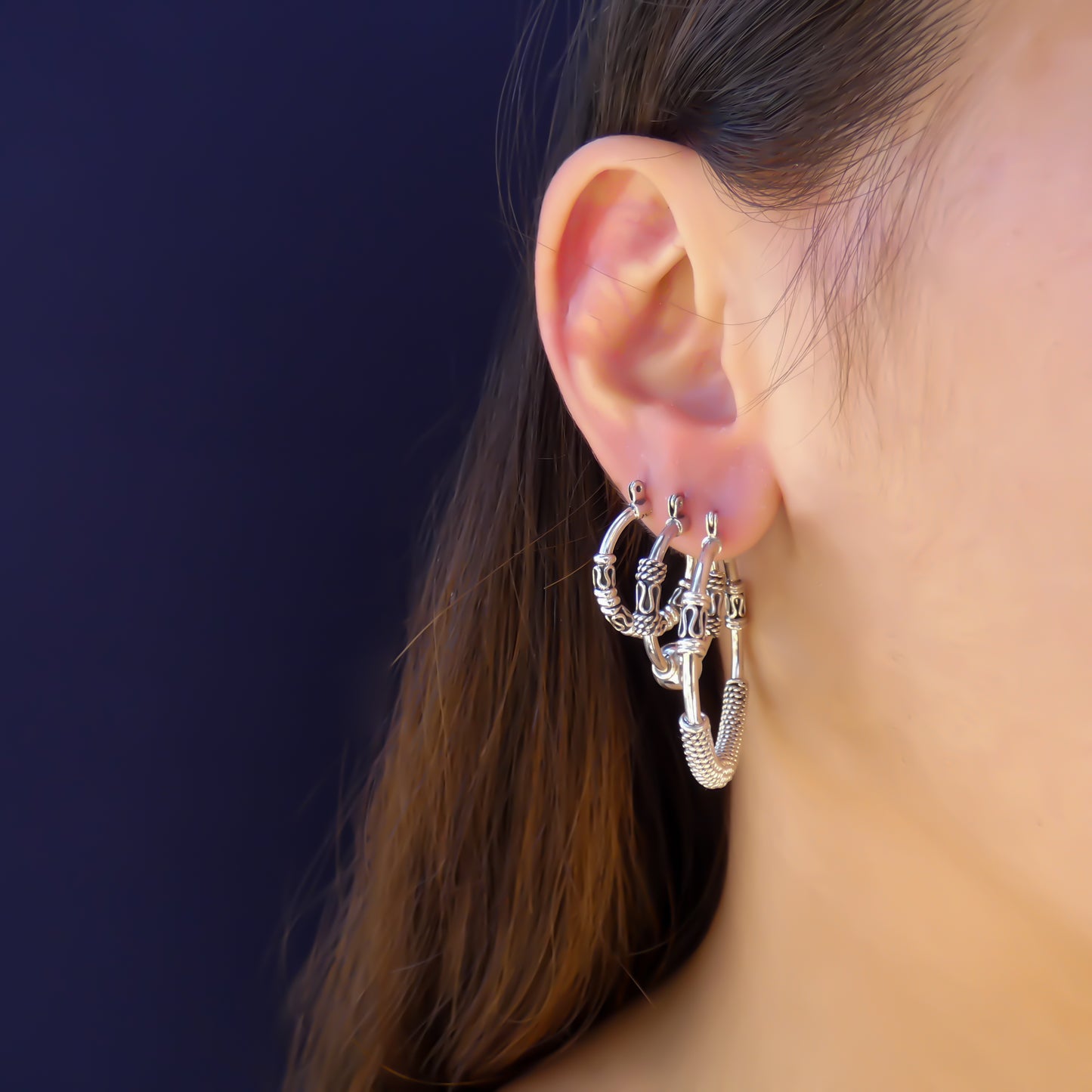 E001SET RAYA .925 Sterling Silver Set of Three Pairs Classic Bali Earrings