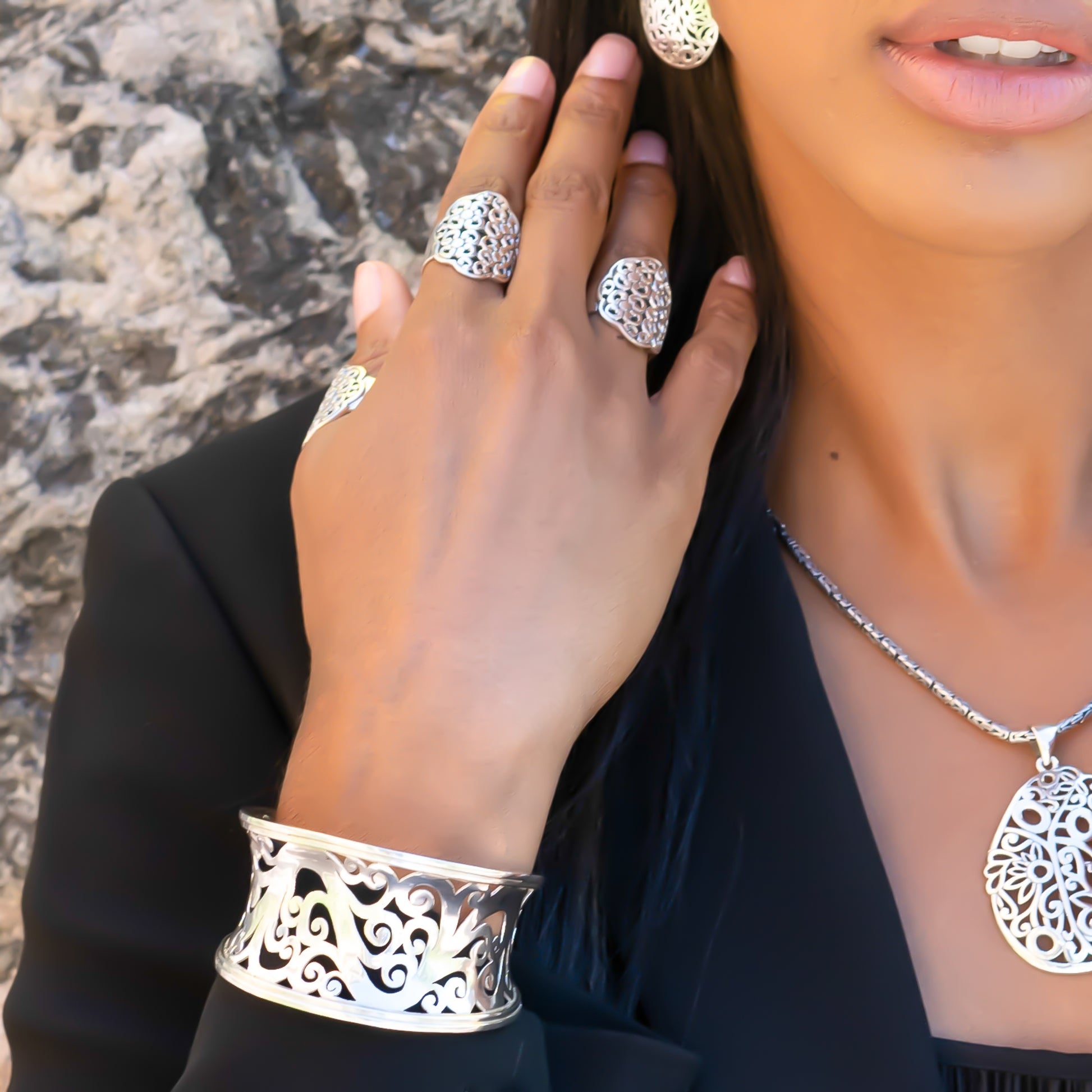 Sterling silver floral cuff.